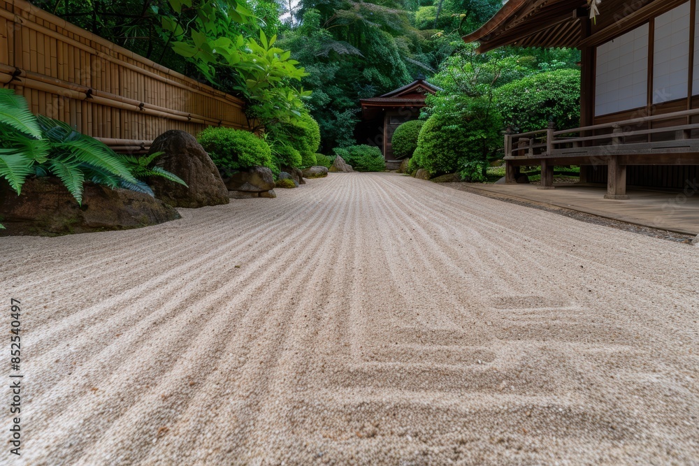 Fototapeta premium Serene Japanese garden path with lush foliage