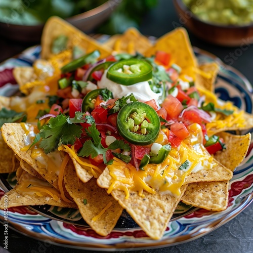 A plate of tortilla chips loaded with melted cheese, jalapenos, sour cream, guacamole, and salsa. Served on a colorful platter, garnished with fresh cilantro.  photo