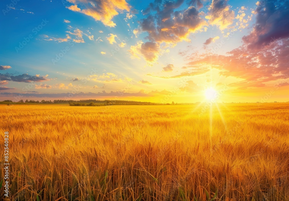 Fototapeta premium Stunning sunset over golden wheat field