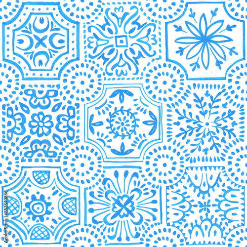 Tile seamless watercolor pattern. Blue and white patchwork style ornament. Hand made paint on paper. Print for textiles. Vector illustration.