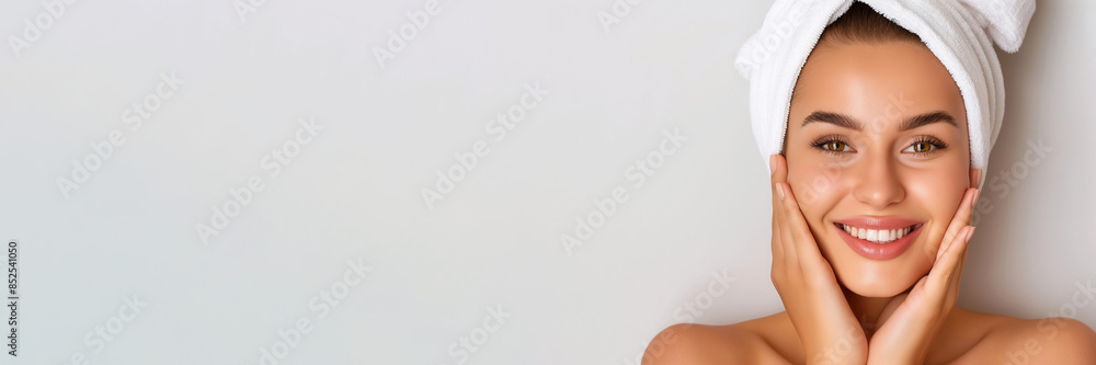Smiling young woman with towel on head enjoying spa or skin care treatments, banner, white background with copy space Smiling young woman with towel on head enjoying spa or skin care treatments, banner, white background with copy space