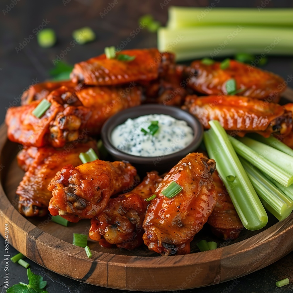 A plate of spicy buffalo chicken wings, accompanied by celery sticks and blue cheese dipping sauce. Arranged on a rustic wooden platter. A plate of spicy buffalo chicken wings, accompanied by celery sticks and blue cheese dipping sauce. Arranged on a rustic wooden platter.