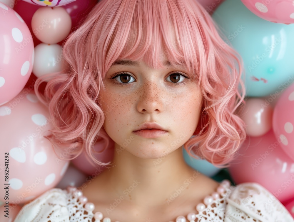 young girl with pink curly hair young girl with pink curly hair