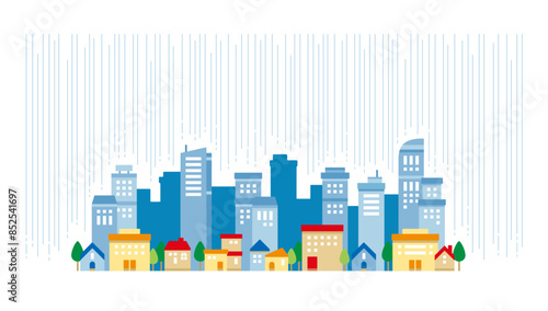 雨が降る都会の街並みのシンプルでかわいいイラスト	