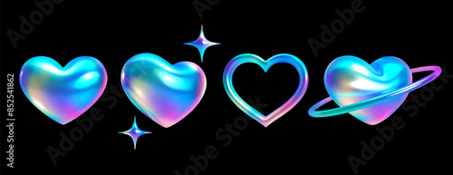 Set of 3d holographic y2k hearts with rainbow chrome surface. Vector isolated elements including solid heart, open heart, heart with ring, and spark for futuristic, sci-fi, romantic, valentine designs