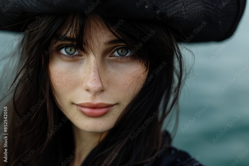 Mysterious woman with dark hair and piercing blue eyes Mysterious woman with dark hair and piercing blue eyes