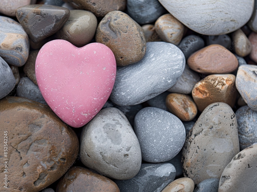 pink heart-shaped stone among gray pebbles pink heart-shaped stone among gray pebbles