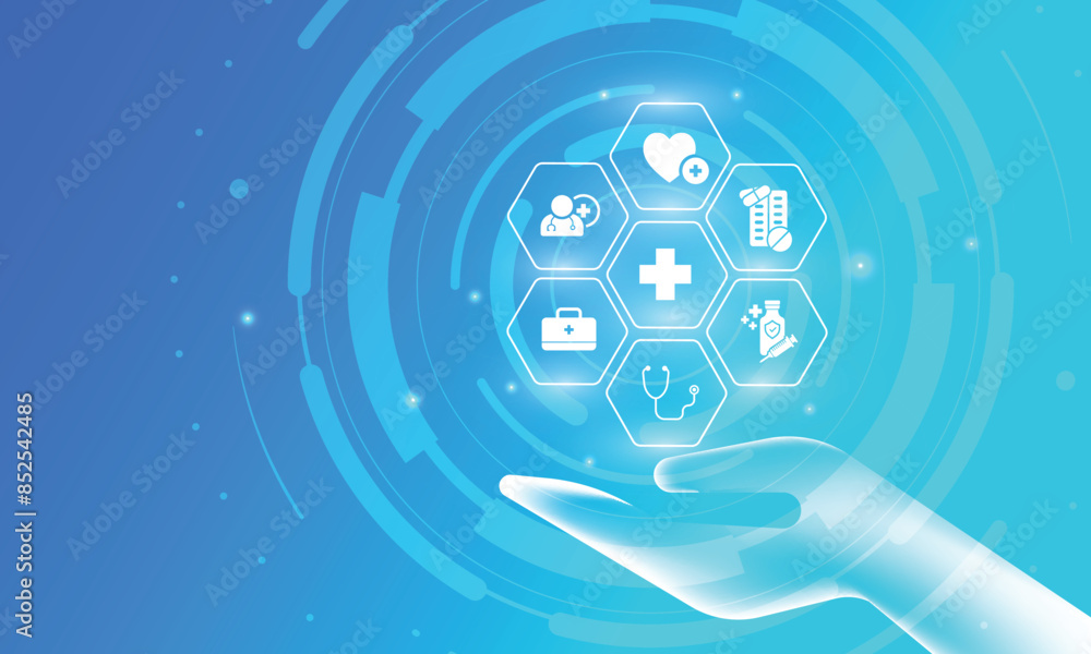 Healthcare system. Medical icons inside hexagons around medical cross and holding hand. Healthcare system. Medical icons inside hexagons around medical cross and holding hand.