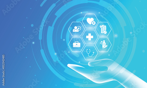 Healthcare system. Medical icons inside hexagons around medical cross and holding hand.