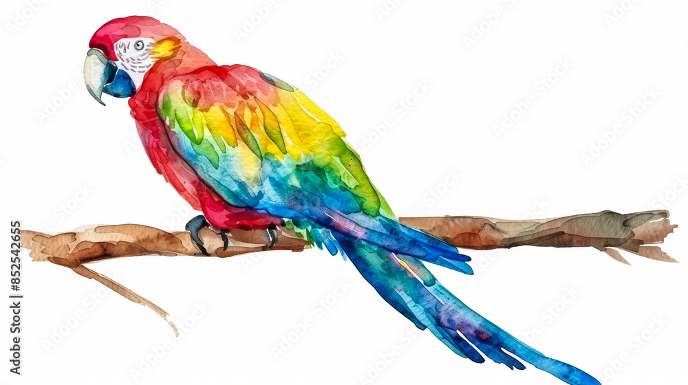 Fototapeta premium A vibrant parrot in bright primary colors perched on a branch, simple watercolor illustration isolated on a white background 