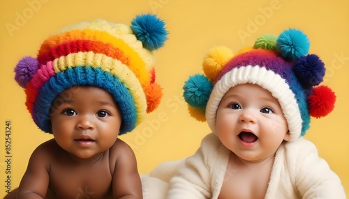 Multiethnic babies dressed in diverse colours on an isolated yellow background with copy space, representing multi ethnic friendship and diversity banner poster header design