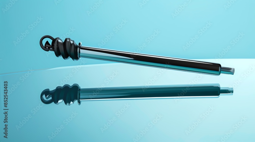 A modern curling wand with a ceramic barrel, floating above a mirrored surface A modern curling wand with a ceramic barrel, floating above a mirrored surface