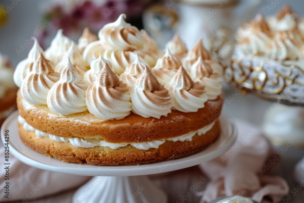 Layered sponge cake with meringue frosting Layered sponge cake with meringue frosting