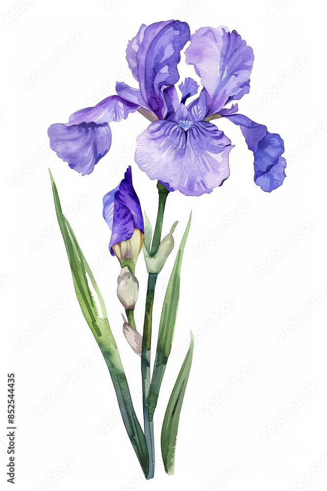 Charming purple iris with slender green stem, simple watercolor illustration isolated on a white background Charming purple iris with slender green stem, simple watercolor illustration isolated on a white background