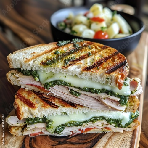 A grilled panini sandwich with layers of turkey, Swiss cheese, spinach, and pesto. Presented on a wooden board with a side of potato salad.