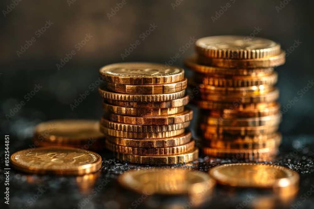Stacks of Shiny Gold Coins in Focus Stacks of Shiny Gold Coins in Focus
