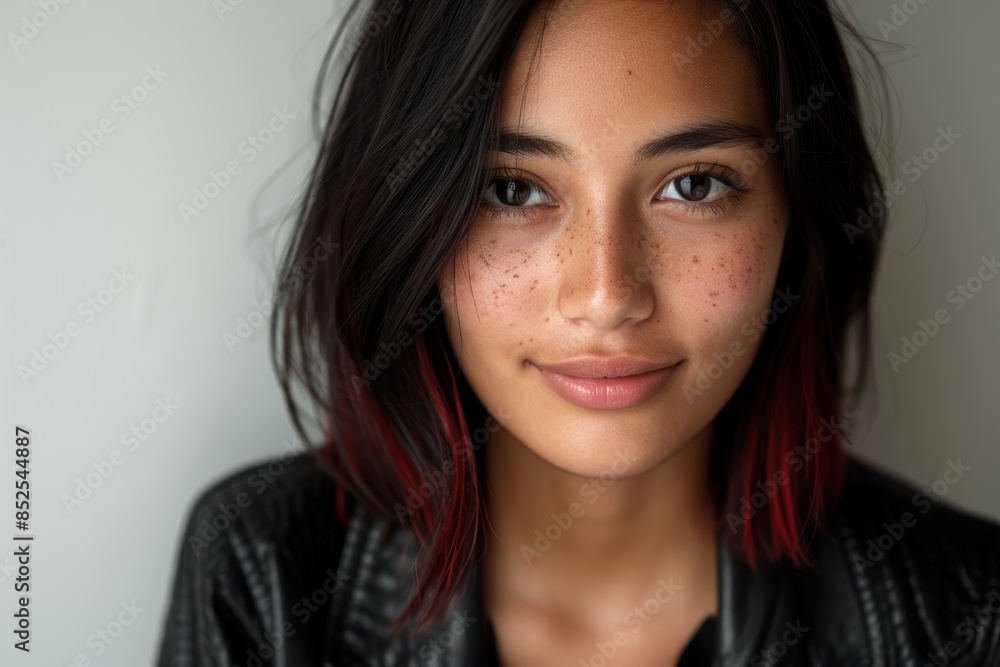 Thoughtful young woman with dark hair and freckles Thoughtful young woman with dark hair and freckles