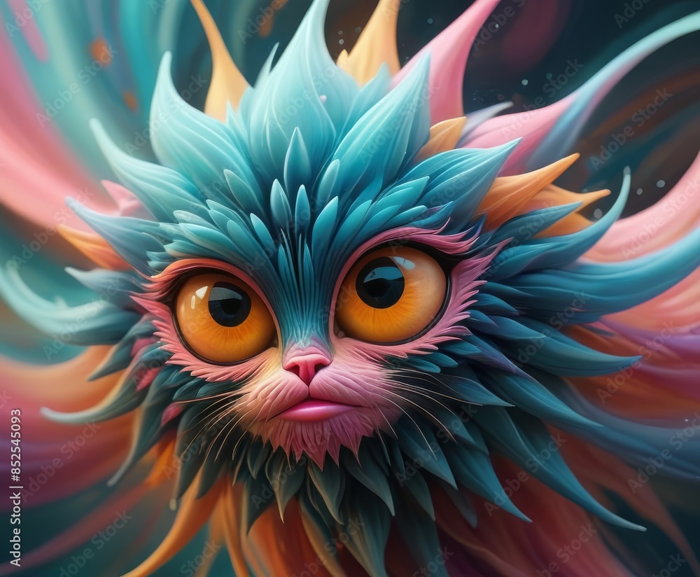 A close-up of a whimsical cat with large orange eyes and multicolored fur, creating a playful and enchanting visual in a fantasy setting.. AI Generation A close-up of a whimsical cat with large orange eyes and multicolored fur, creating a playful and enchanting visual in a fantasy setting.. AI Generation