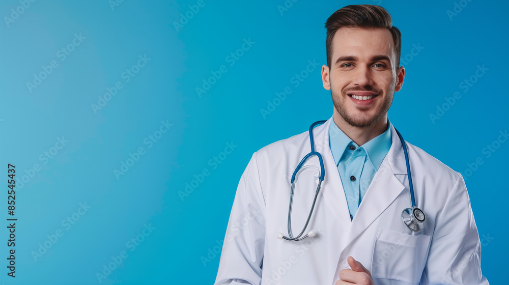 Smiling male doctor with stethoscope isolated on blue background Smiling male doctor with stethoscope isolated on blue background
