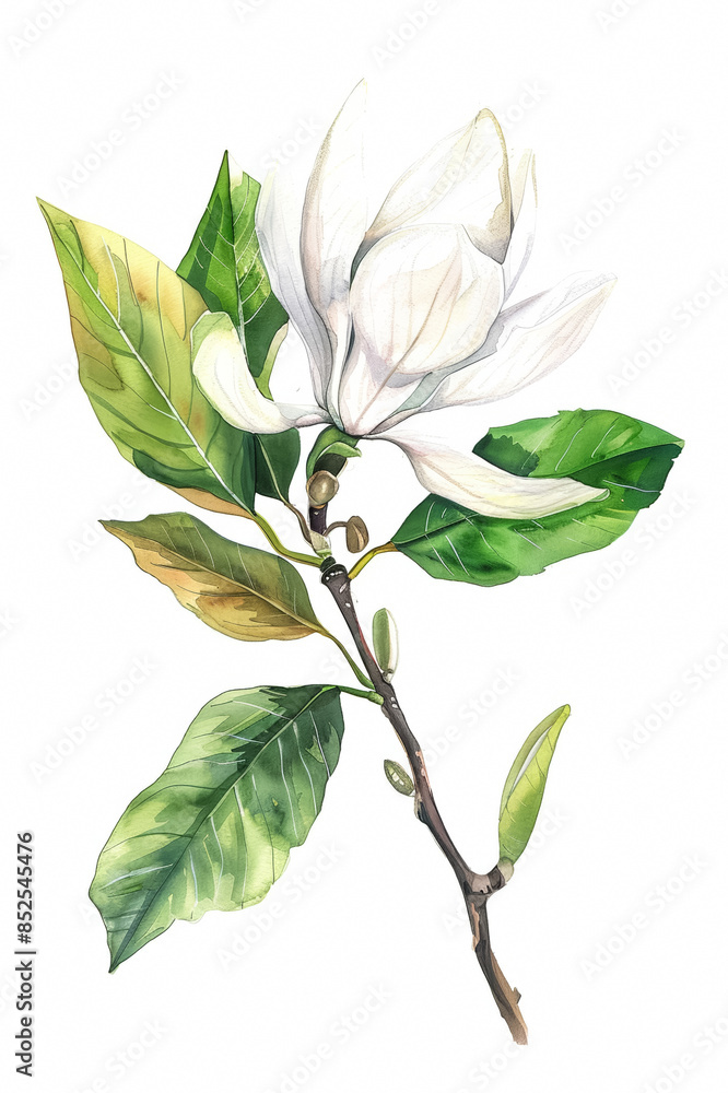 Delicate white magnolia with glossy green leaf, simple watercolor illustration isolated on a white background Delicate white magnolia with glossy green leaf, simple watercolor illustration isolated on a white background