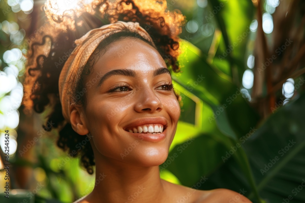 Radiant Woman with Clear Skin After Laser Pigmentation Removal Surrounded by Lush Greenery Radiant Woman with Clear Skin After Laser Pigmentation Removal Surrounded by Lush Greenery