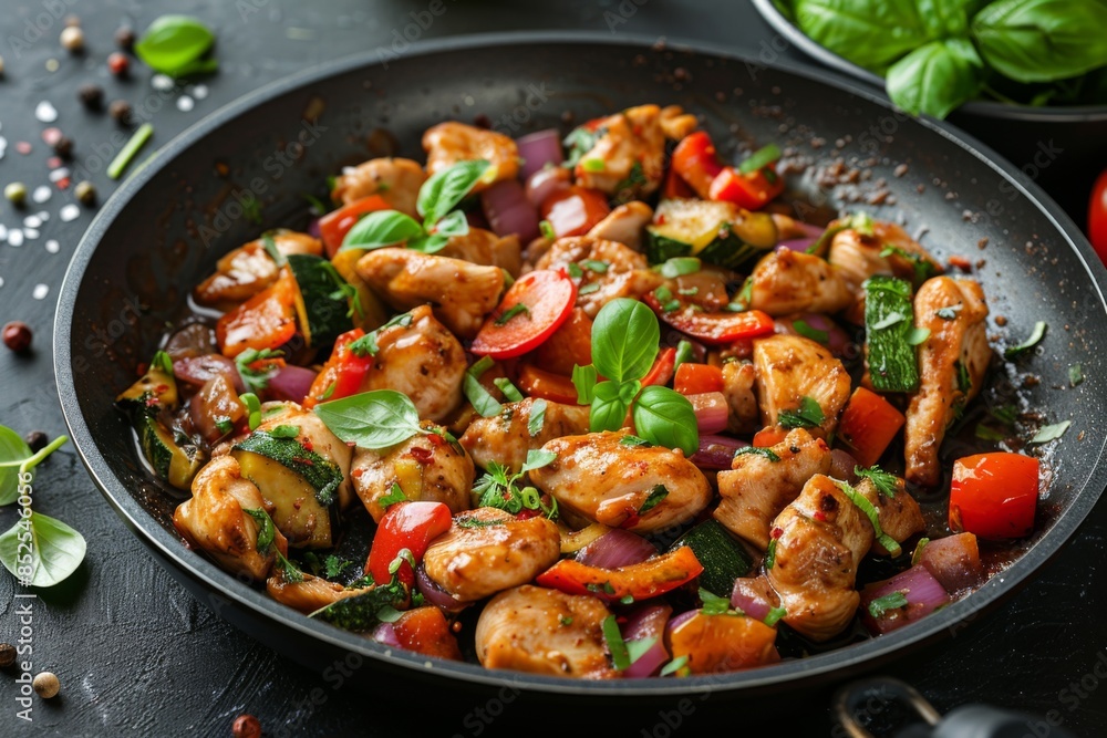 Stir-Fried Chicken with Vegetables in Skillet Stir-Fried Chicken with Vegetables in Skillet