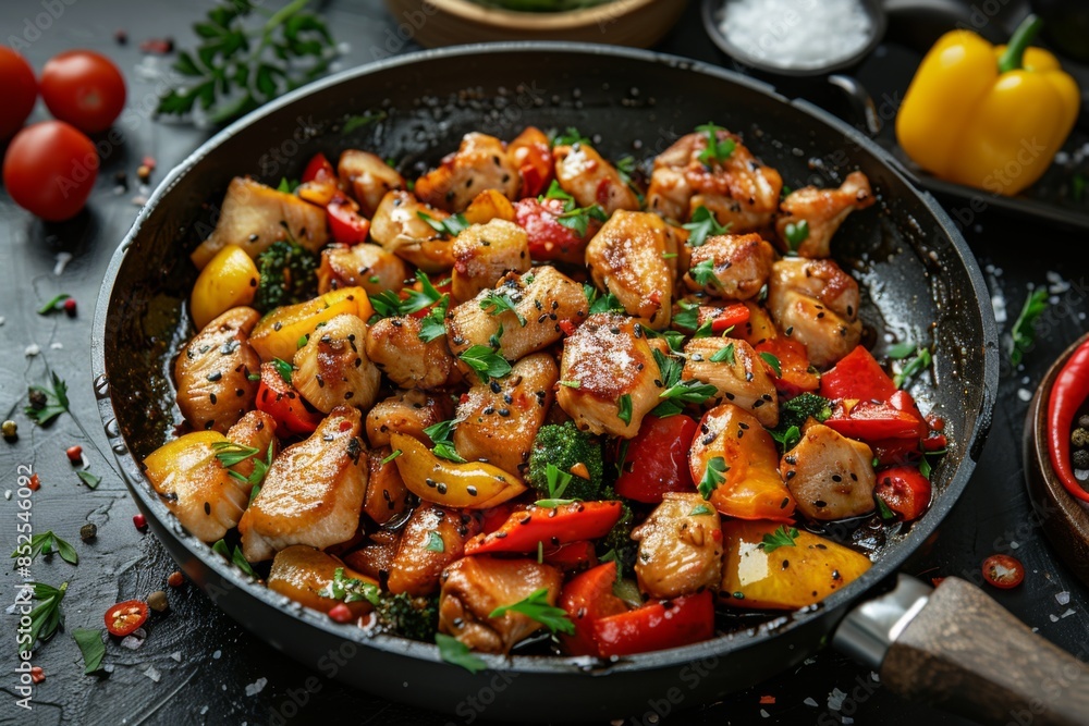 Sizzling Chicken and Vegetables in a Pan Sizzling Chicken and Vegetables in a Pan