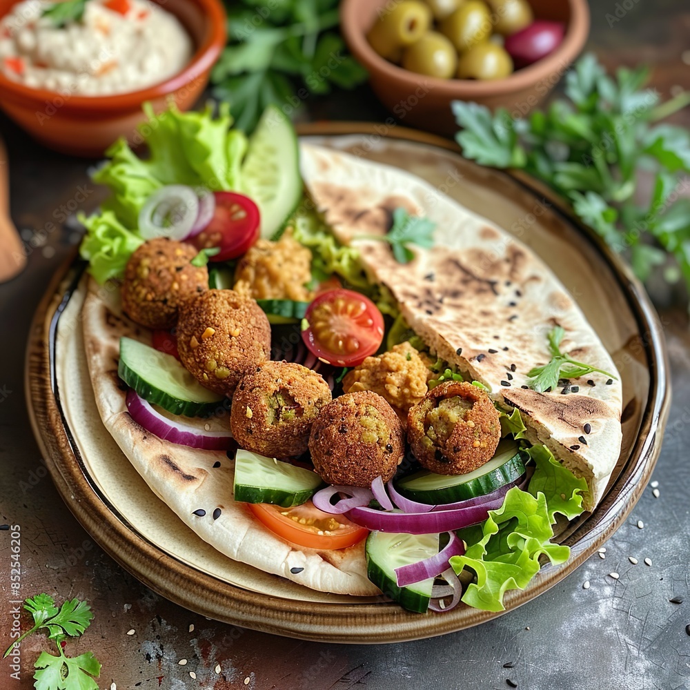 A crispy falafel sandwich with falafel balls, lettuce, tomatoes, red onions, cucumbers, and tahini sauce in a pita bread. Served on a ceramic plate with a side of hummus and olives. A crispy falafel sandwich with falafel balls, lettuce, tomatoes, red onions, cucumbers, and tahini sauce in a pita bread. Served on a ceramic plate with a side of hummus and olives.