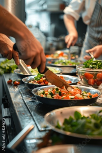 Mediterranean Diet Cooking Class in Modern Kitchen with Chefs Chopping Fresh Vegetables