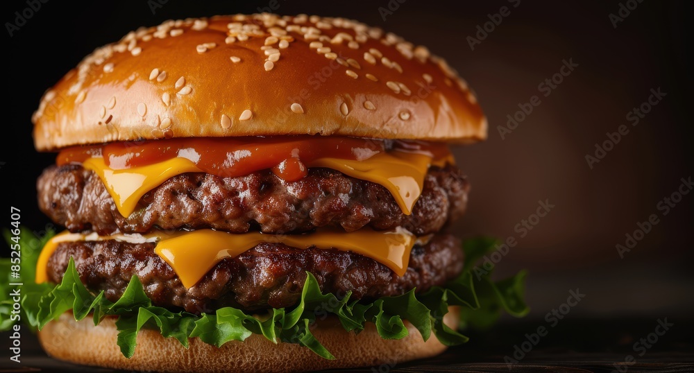 Delicious double cheeseburger with sesame seed bun Delicious double cheeseburger with sesame seed bun