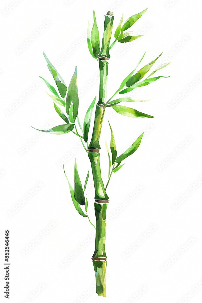 Fresh green bamboo shoot with slender stem, simple watercolor illustration isolated on a white background Fresh green bamboo shoot with slender stem, simple watercolor illustration isolated on a white background