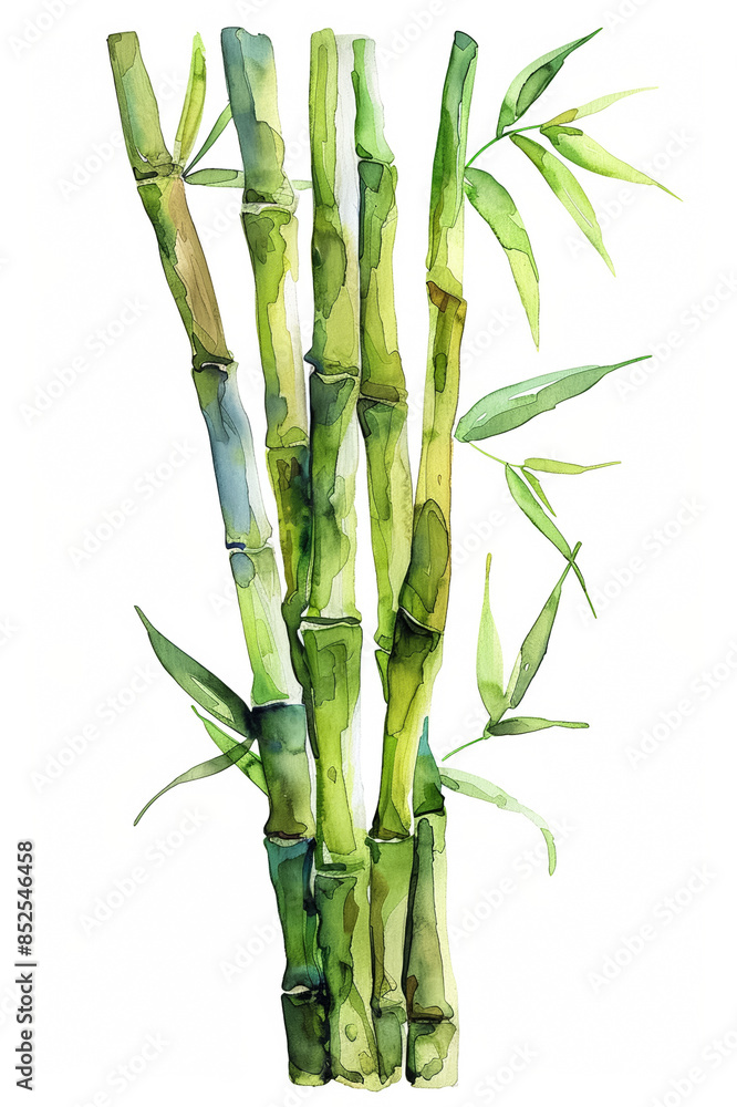 Obraz premium Fresh green bamboo shoot with slender stem, simple watercolor illustration isolated on a white background 