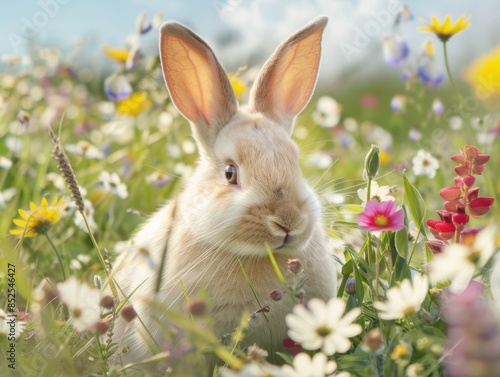 Cute rabbit in a field of flowers