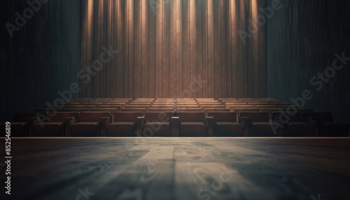 Empty theater with wooden stage and rows of seats, dim lighting and dramatic atmosphere, ready for a performance or presentation photo