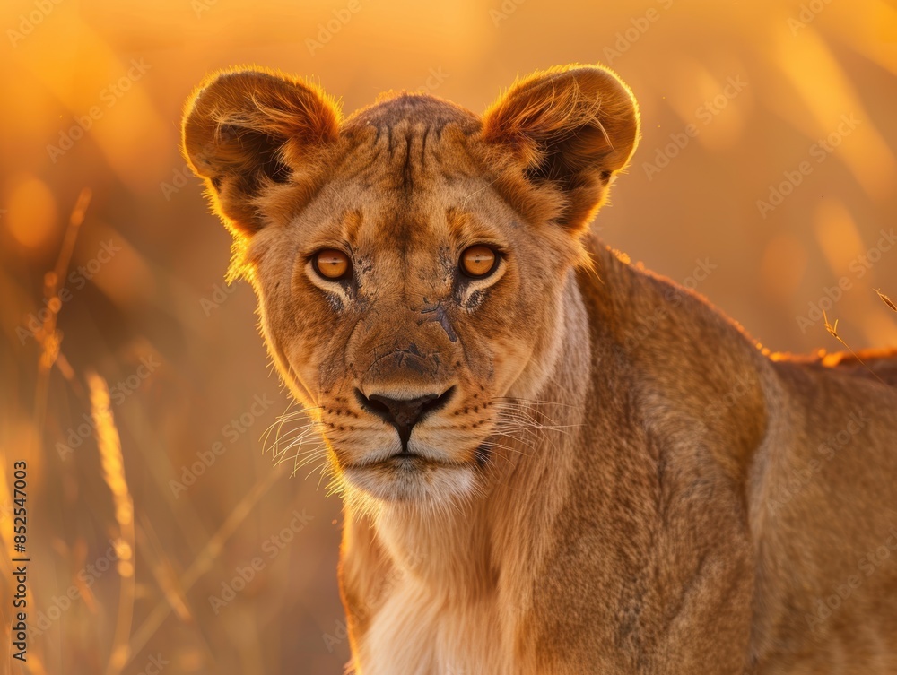 Obraz premium Close-up portrait of a majestic lion in the golden light of sunset