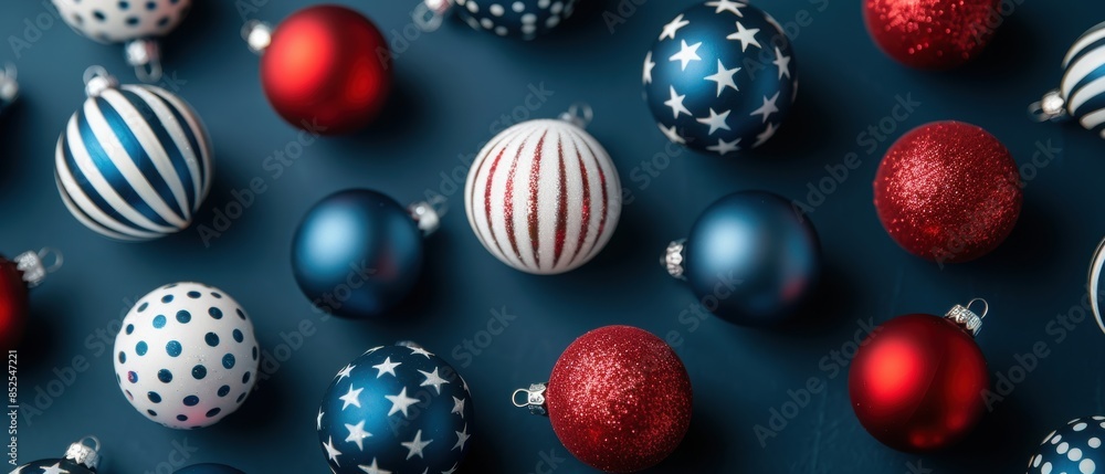 Festive Christmas ornaments with red, white, and blue designs on a dark background. Perfect for holiday decor and celebration themes. Festive Christmas ornaments with red, white, and blue designs on a dark background. Perfect for holiday decor and celebration themes.