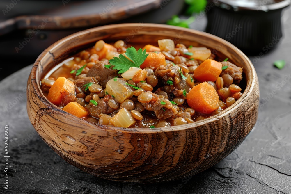 Hearty vegetable and meat stew in a wooden bowl Hearty vegetable and meat stew in a wooden bowl