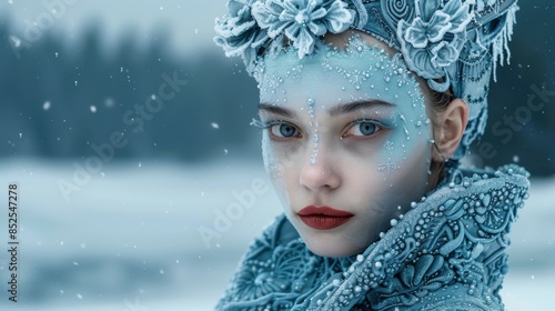 Enchanting winter portrait of a woman in a frosty headpiece photo