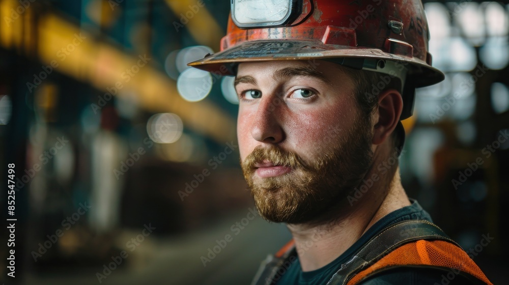 portrait of worker wearing protective hard hat and safety gear, industrial construction and engineering employee, labor and careers portrait of worker wearing protective hard hat and safety gear, industrial construction and engineering employee, labor and careers