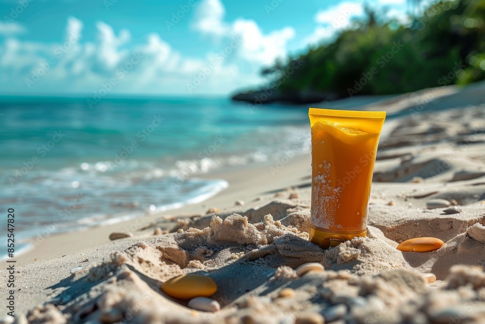 Sunscreen Bottle on a Sandy Beach Sunscreen Bottle on a Sandy Beach