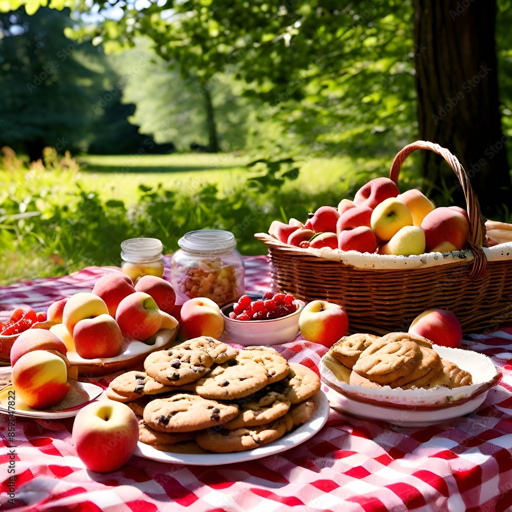 Picnic table filled with apples and cookies at summer Picnic table filled with apples and cookies at summer