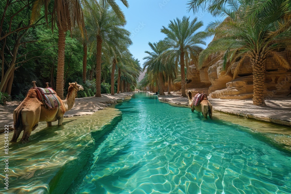 A beautiful desert oasis with palm trees, a clear blue pool, and camels resting in the shade. A beautiful desert oasis with palm trees, a clear blue pool, and camels resting in the shade.