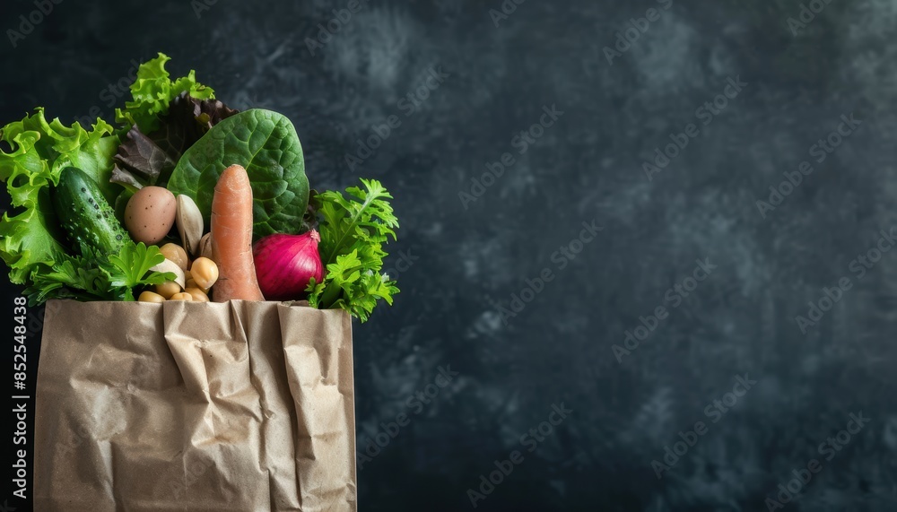 Fresh organic vegetables in a paper bag against a dark background. Healthy eating and grocery shopping concept with copy space. Fresh organic vegetables in a paper bag against a dark background. Healthy eating and grocery shopping concept with copy space.