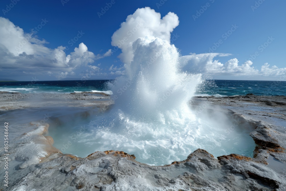 Powerful ocean wave crashing against rocky coastline Powerful ocean wave crashing against rocky coastline