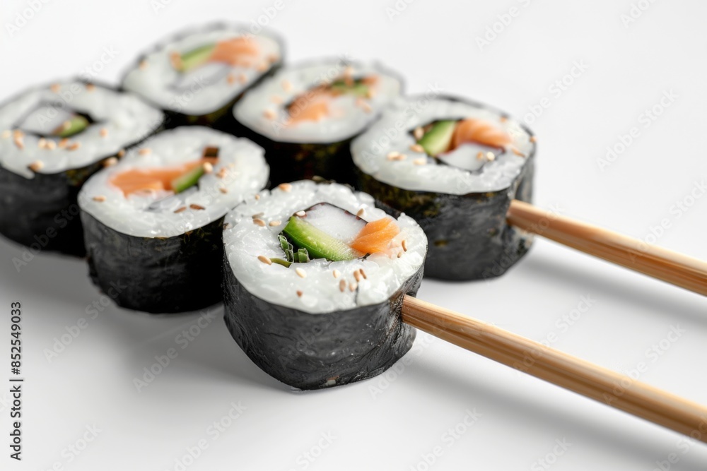 Close-Up of Fresh Sushi Rolls with Chopsticks Close-Up of Fresh Sushi Rolls with Chopsticks