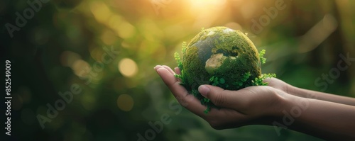Hand holding a moss-covered globe in a forest, symbolizing environmental conservation and nature preservation. Sunlight filters through trees.
