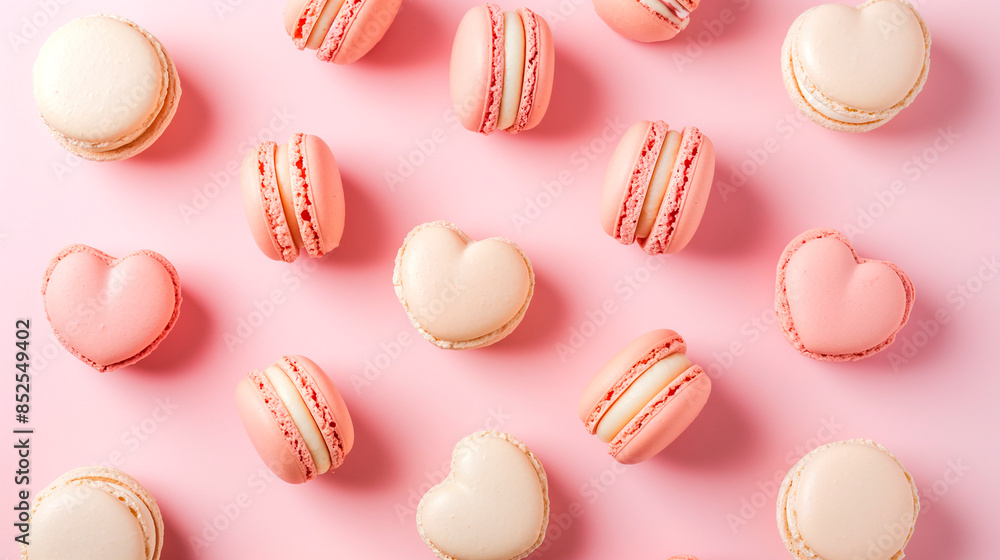 Fototapeta premium group Pastel macaroons on light pink background or French dessert cake macaron,
