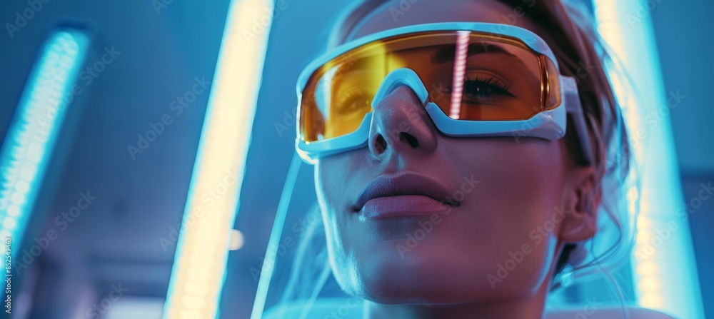 Close-up of a Patient Wearing Protective Goggles for Laser Skin Rejuvenation Treatment Close-up of a Patient Wearing Protective Goggles for Laser Skin Rejuvenation Treatment