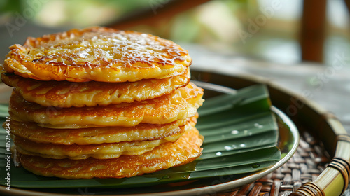 'Khanom Ba Bin,' grilled coconut pancakes with a golden brown crust, stacked neatly on a plate with banana leaves as garnish. Generative AI illustration  photo