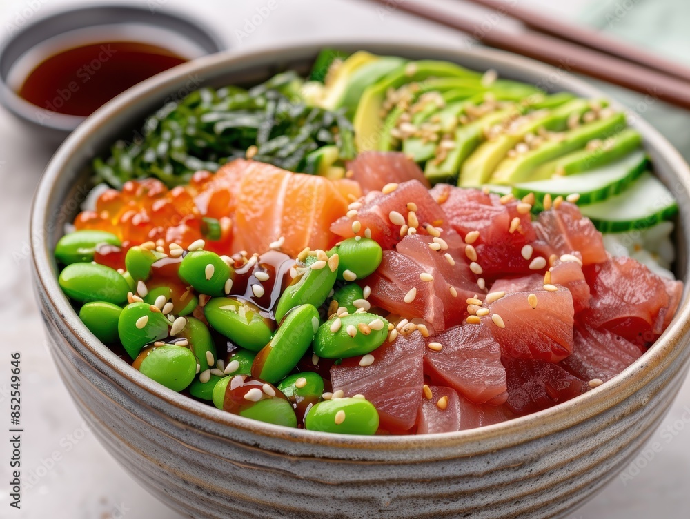 colorful and healthy poke bowl with tuna, salmon, avocado, and vegetables colorful and healthy poke bowl with tuna, salmon, avocado, and vegetables